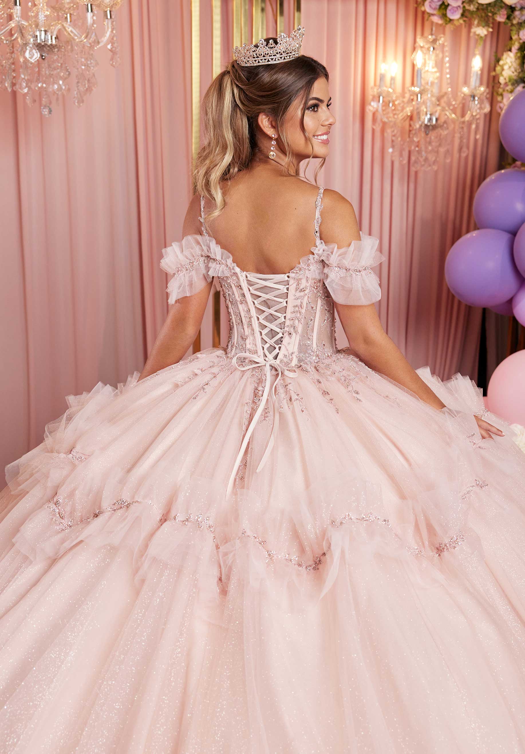 Tiered Ruffle Glitter Tulle Quinceañera Dress with Crystal Floral Embellishments - Image 6