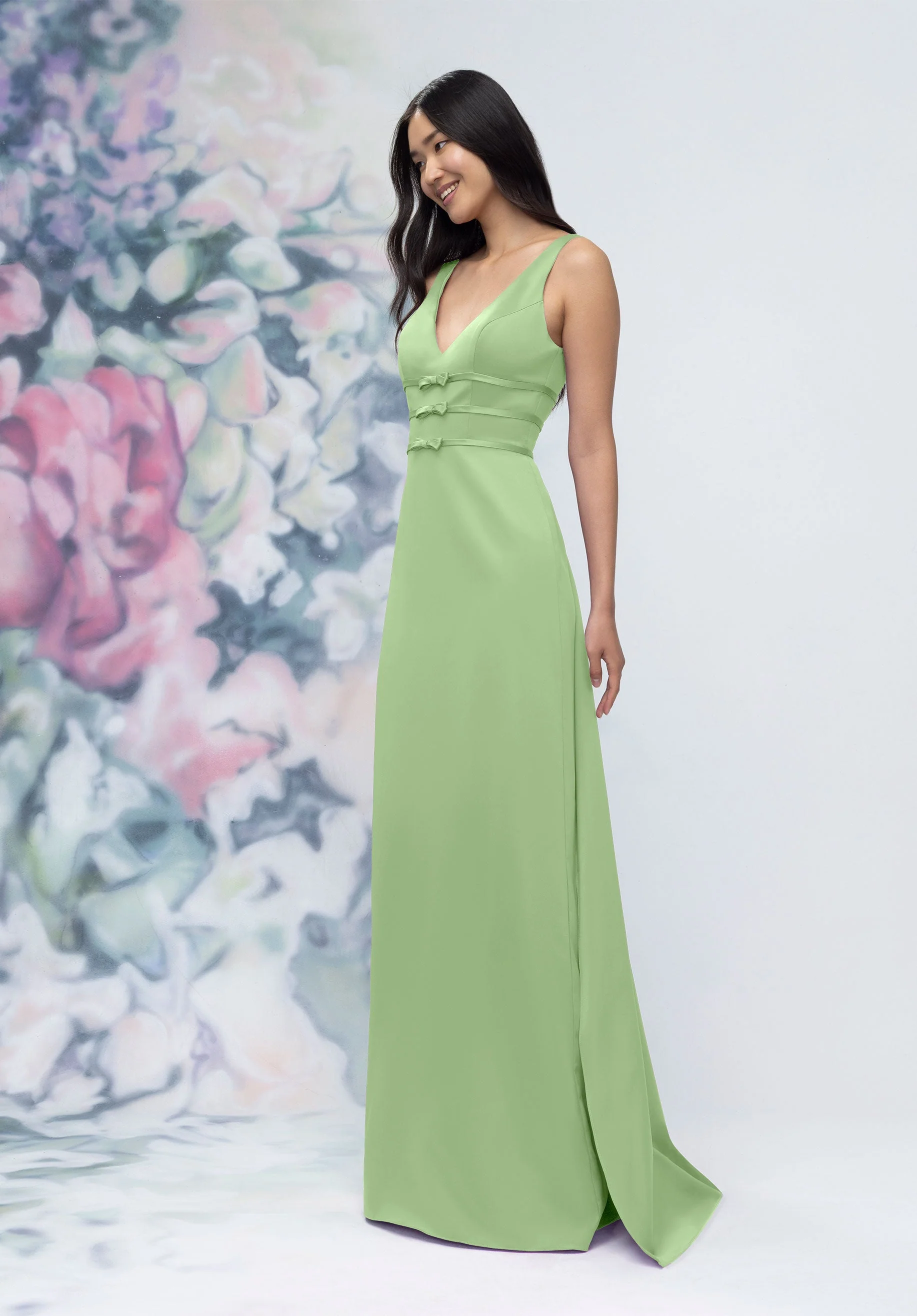 V-Neck Banded Bow Satin Bridesmaid Dress with Detachable Train - Image 41