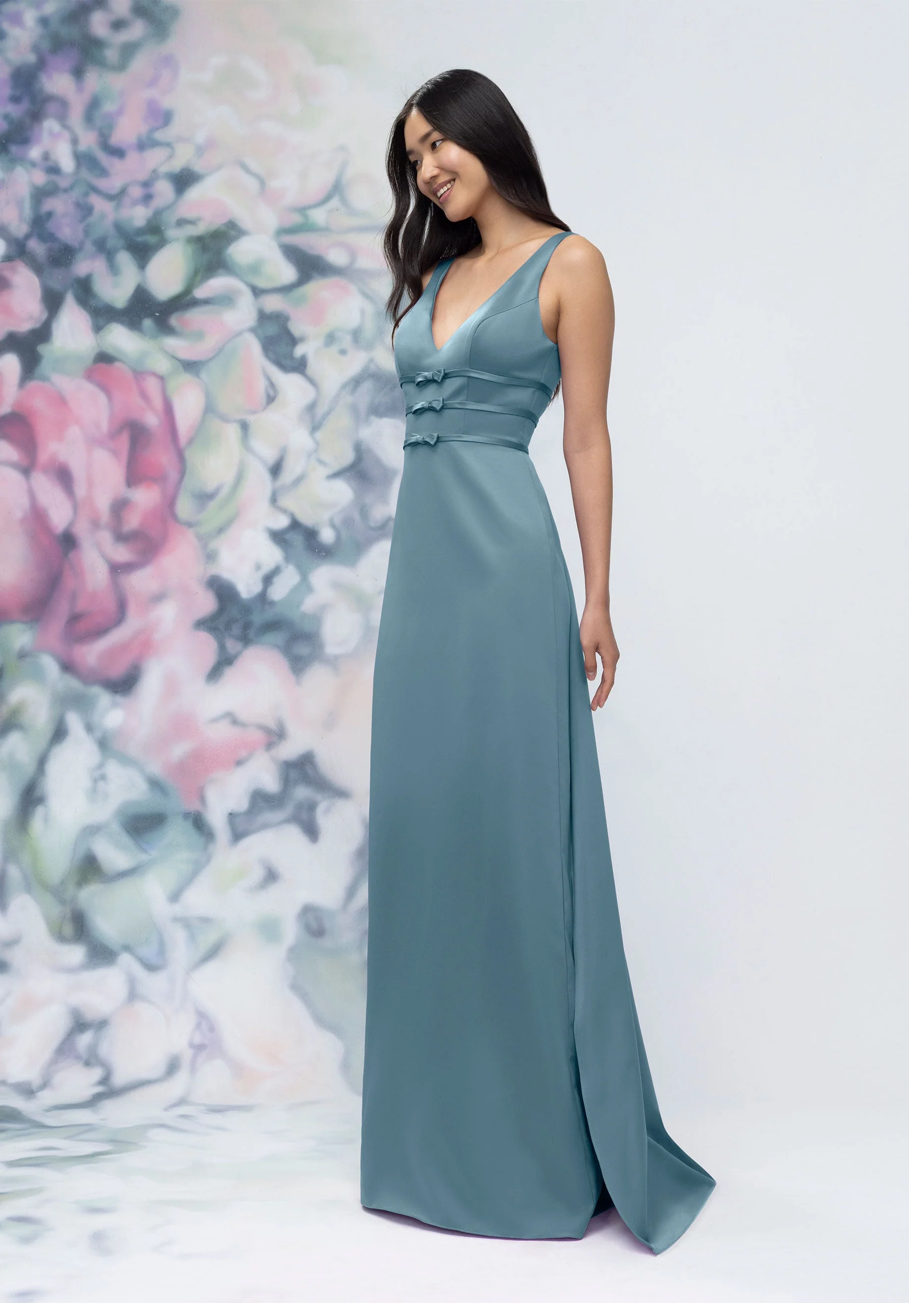 V-Neck Banded Bow Satin Bridesmaid Dress with Detachable Train - Image 47