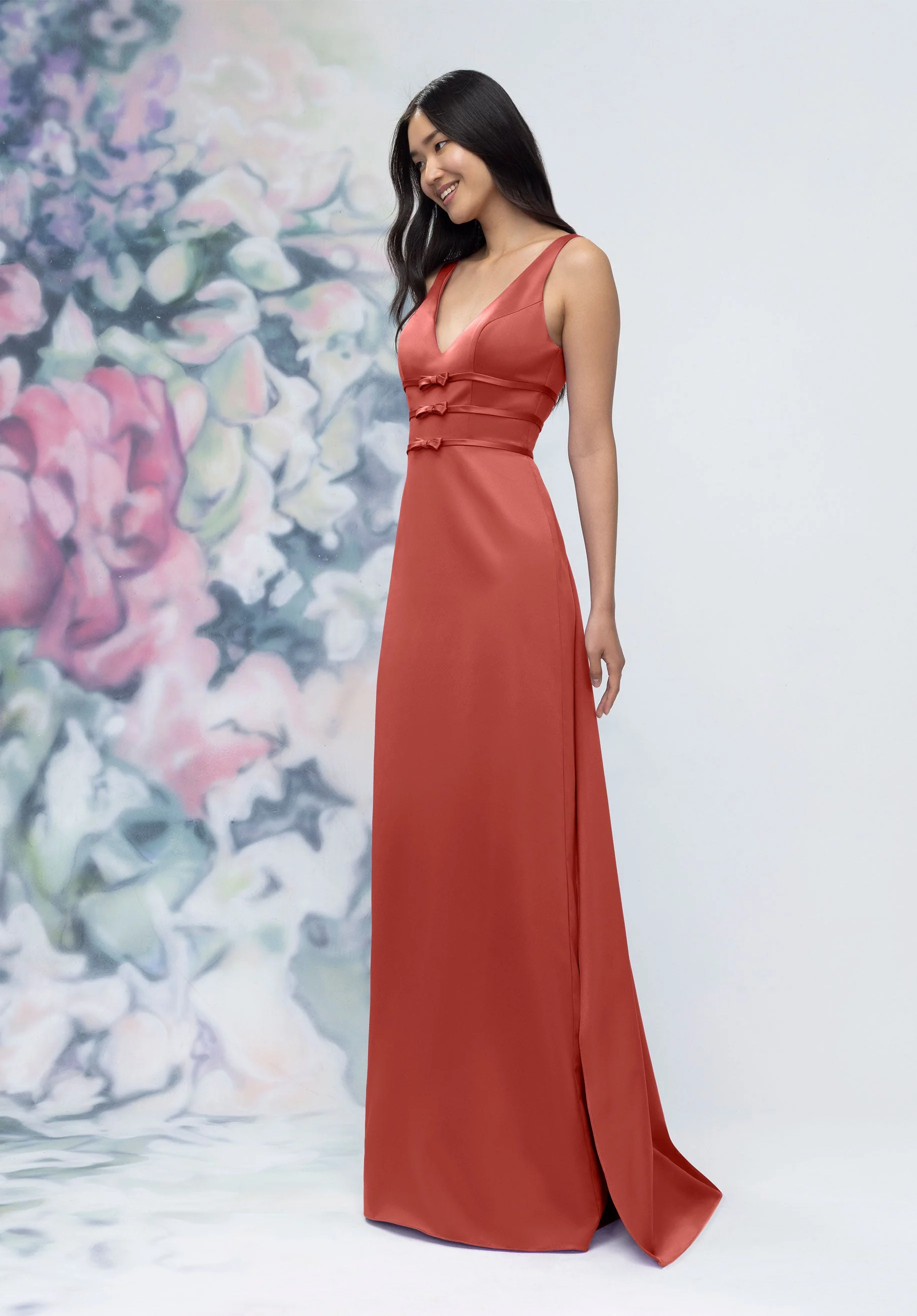 V-Neck Banded Bow Satin Bridesmaid Dress with Detachable Train - Image 52