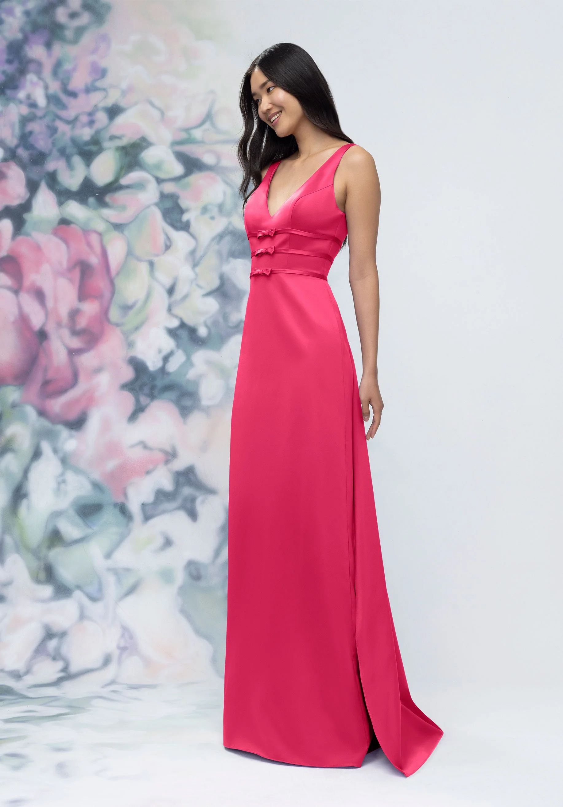 V-Neck Banded Bow Satin Bridesmaid Dress with Detachable Train - Image 6