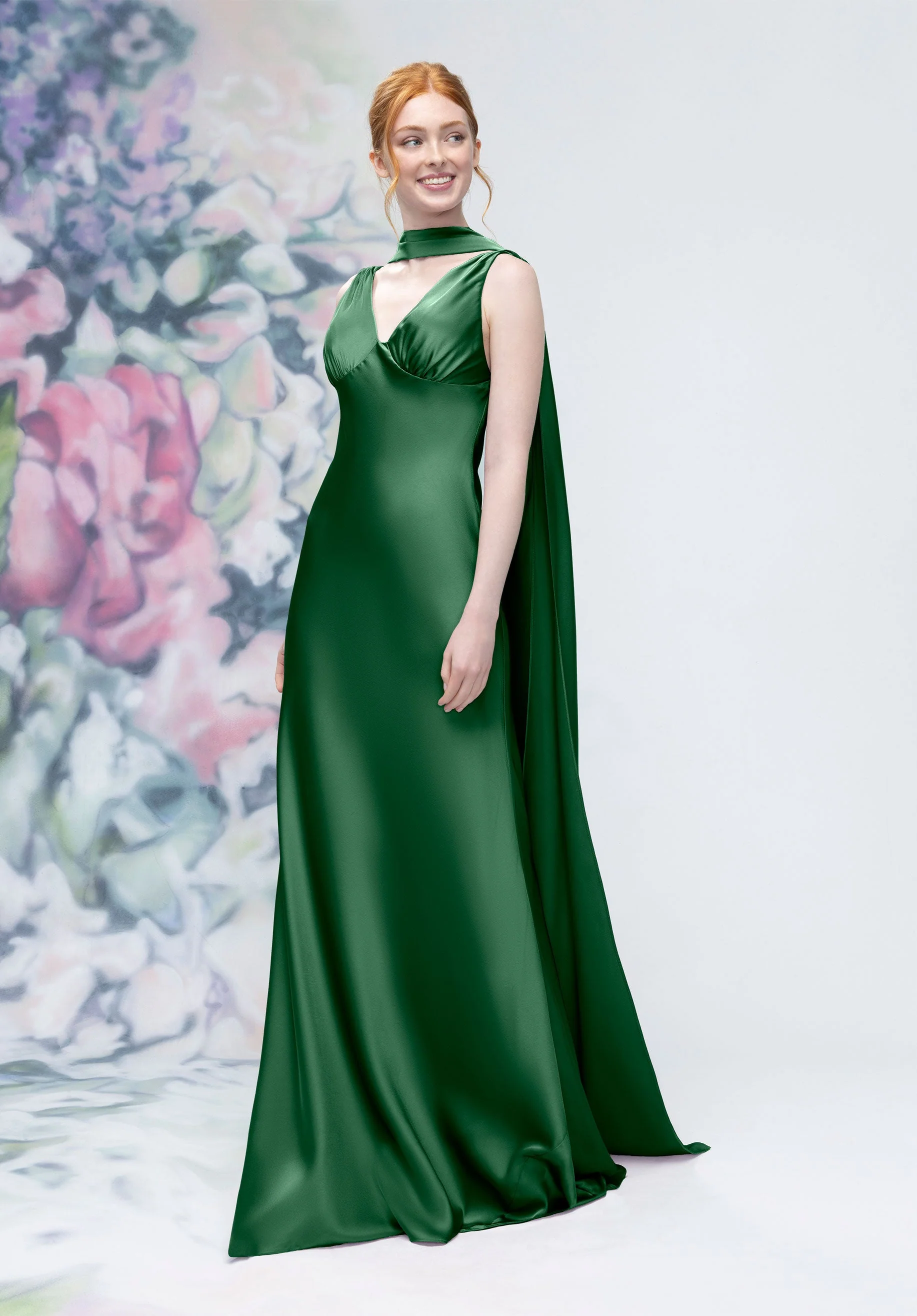V-Neck Empire Waist Open Back Bridesmaid Dress with Neck Scarf - Image 11
