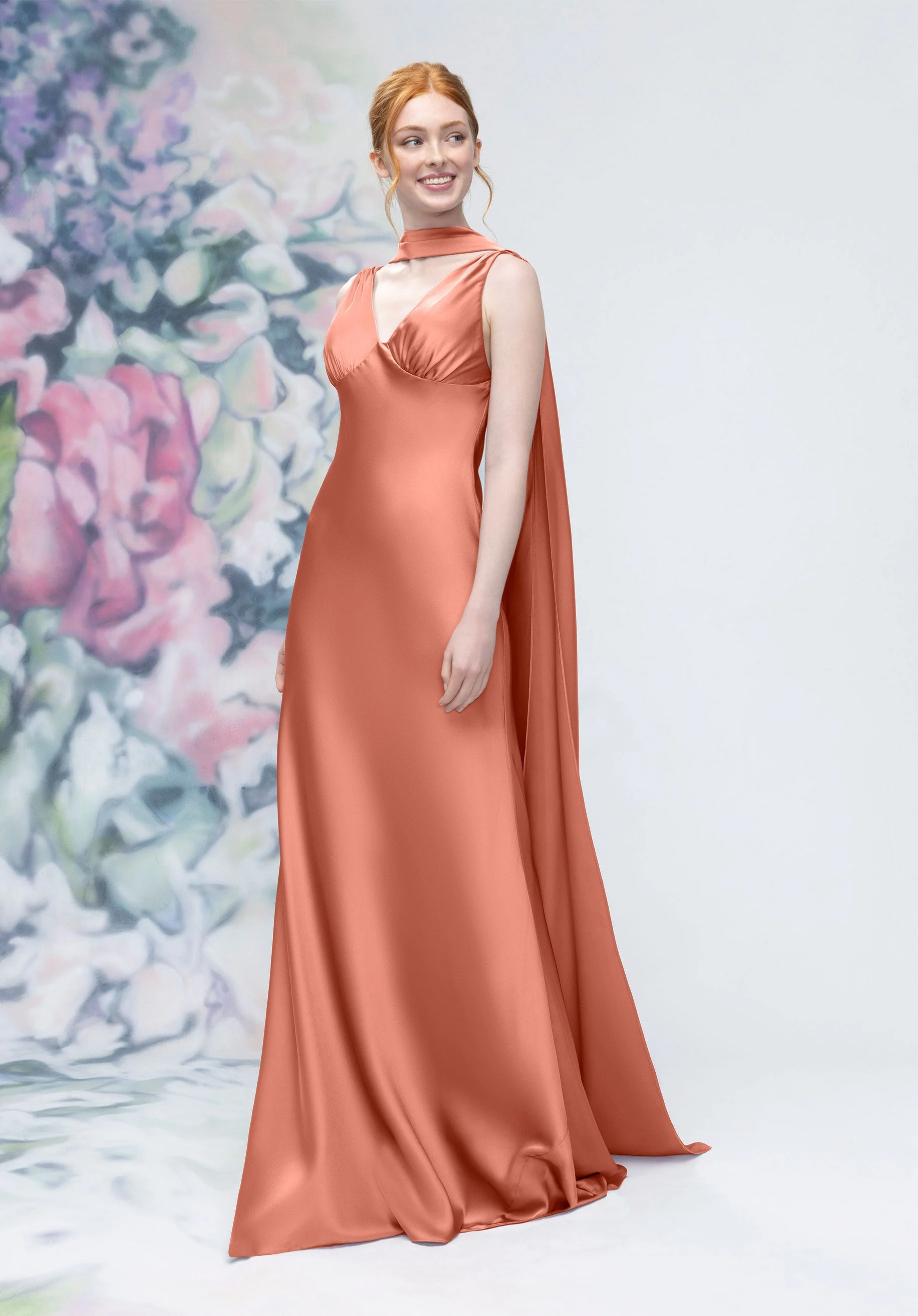 V-Neck Empire Waist Open Back Bridesmaid Dress with Neck Scarf - Image 18
