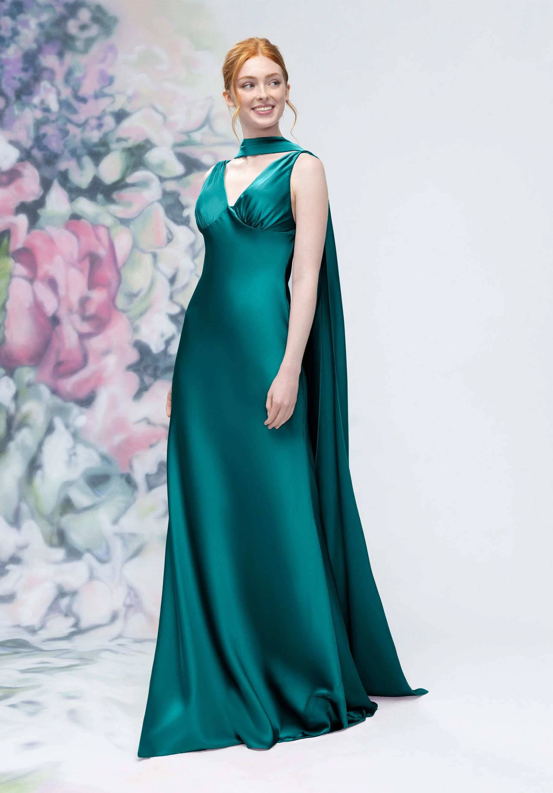 V-Neck Empire Waist Open Back Bridesmaid Dress with Neck Scarf - Image 19