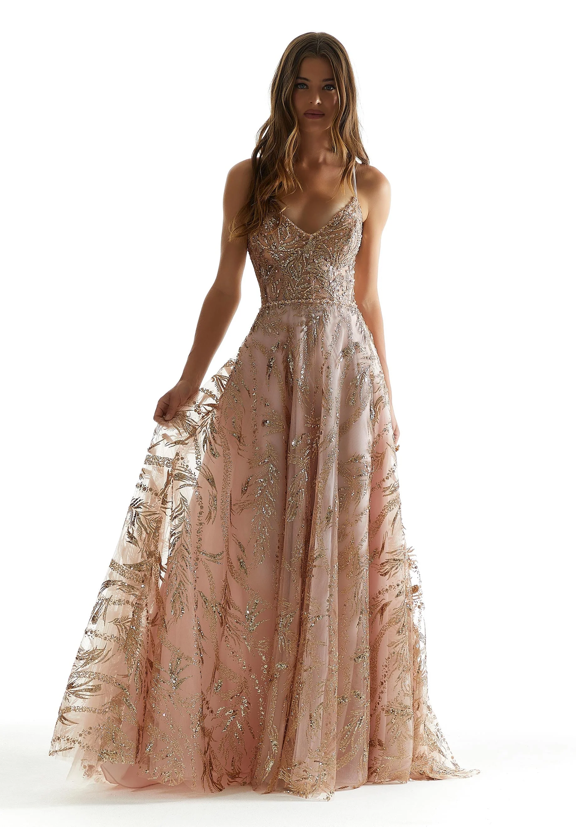 V-Neck Patterned Glitter A-Line Party Dress with Beaded Trim - Image 2